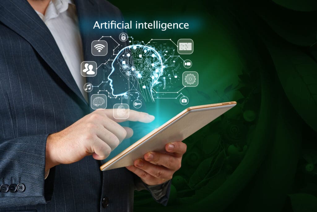 - svg+xml;charset=utf - Community Development Programs | Manifezt Foundation Businessman working on tablet using ai. Business technology, IoT Internet of Things, ai concept