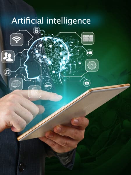 Businessman working on tablet using ai. Business technology, IoT Internet of Things, ai concept Artificial Intelligence, where are we going? Request Confirmation